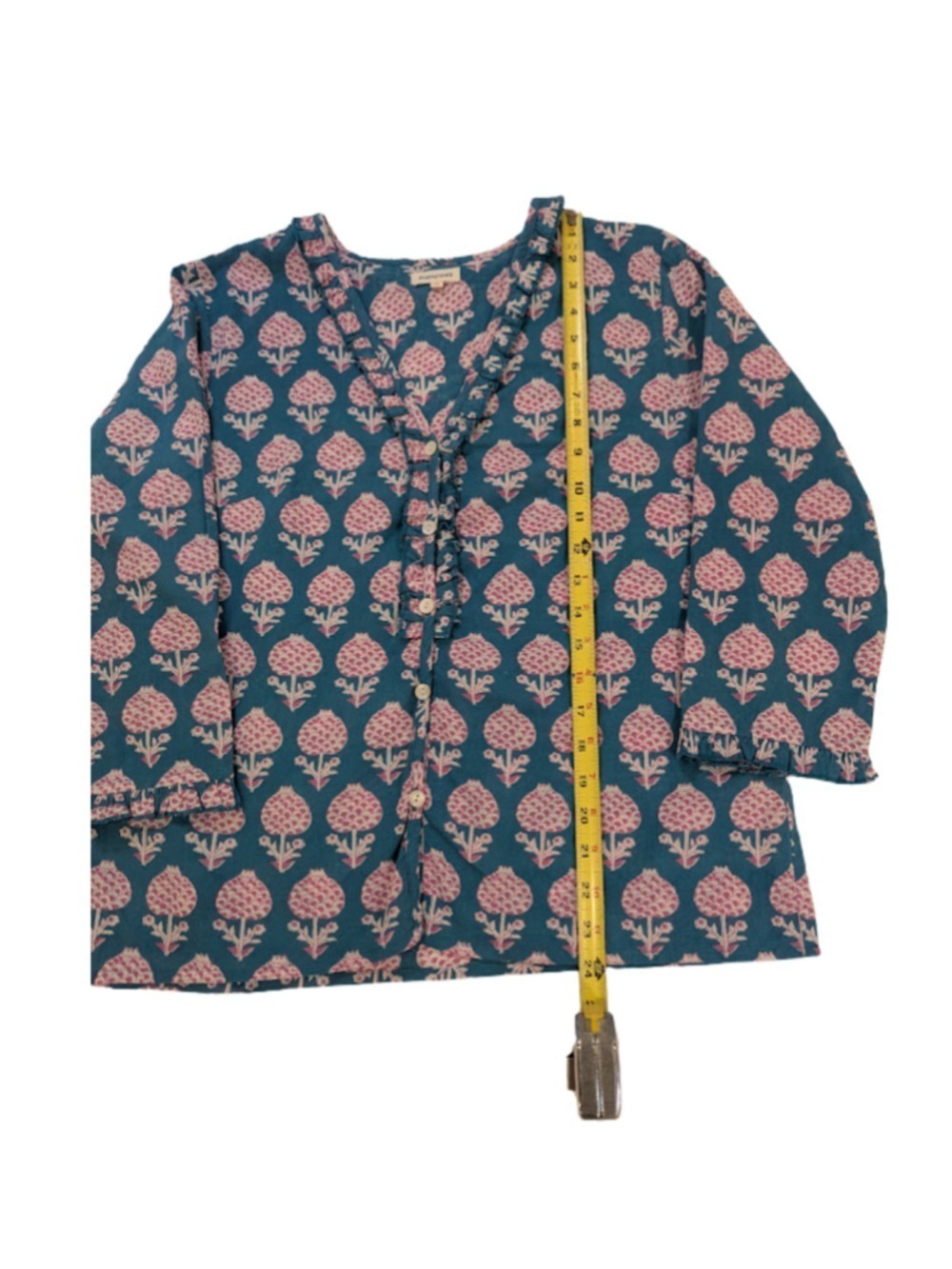 Pomegranate Block Print Boho Cottagecore Cotton Blouse Turquoise Pink Artisan To - Picture 7 of 13